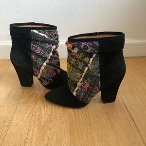 Anthropologie Howsty Nima Indhi Black Suede Ankle Boots patchwork 38 7.5